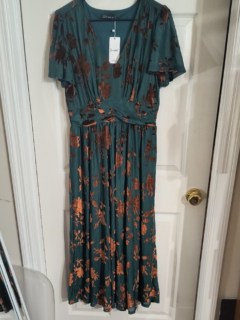 NEW Beautiful Simplee Teal Maxi Dress with Copper Floral Foil Accents